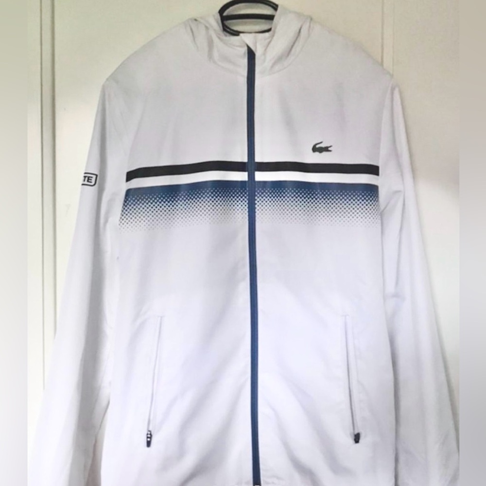 Lacoste White Hooded Zip Jacket with Navy and Black Stripes Size 3XL FR8